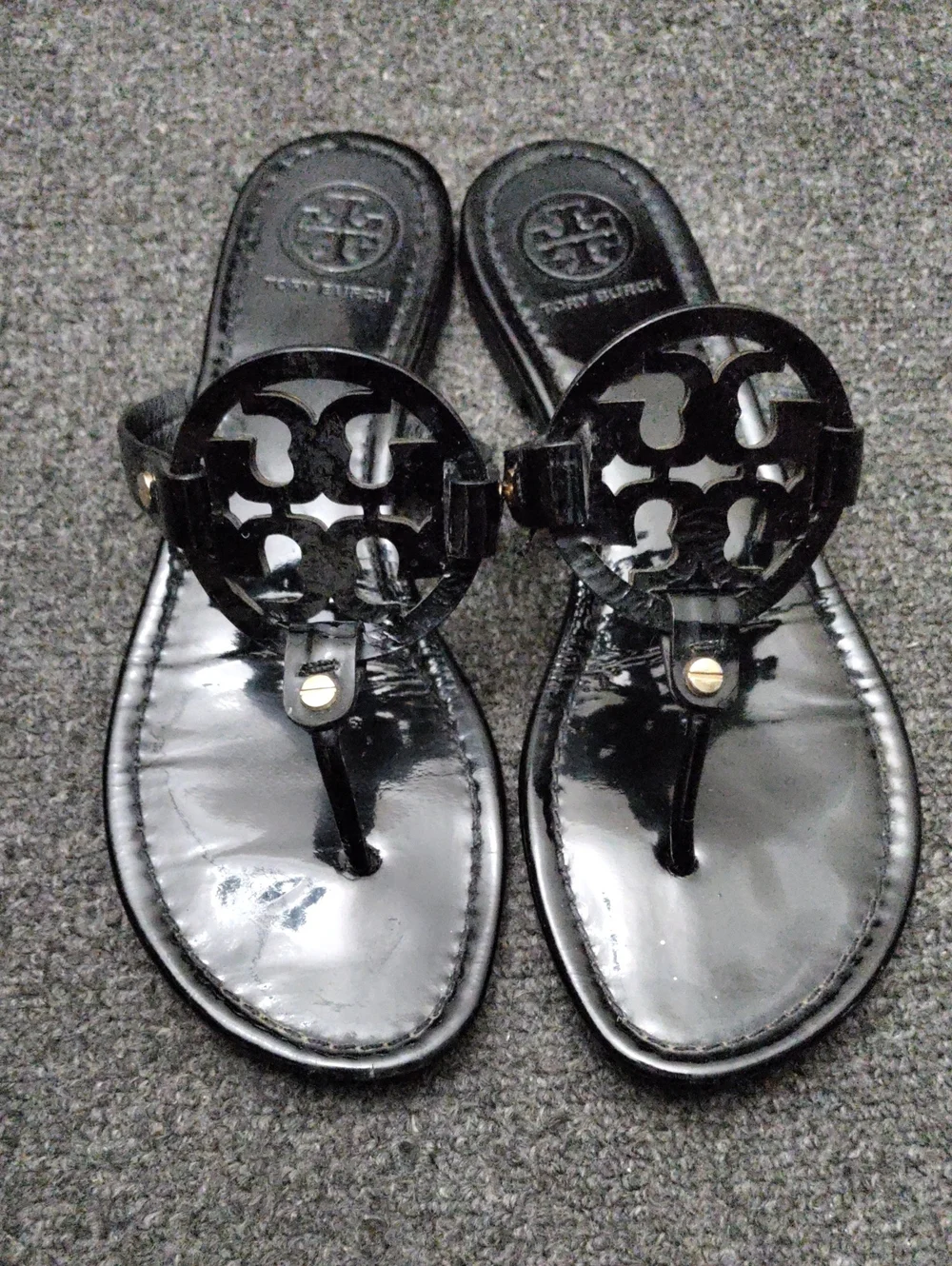 Tory Burch Black Patent Logo Thong Sandals